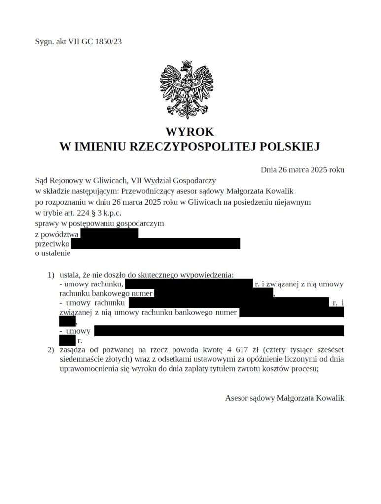 wypowiedzenie rachunku bankowego, wypowiedzenie umowy przez bank, zabezpieczenie rachunku bankowego, sądowa obrona konta firmowego, bank zamyka konto firmowe, art. 41 AML, de-risking bankowy, procedura AML a wypowiedzenie, pozew o ustalenie istnienia umowy, przedsiębiorca kontra bank, sprawa przeciwko bankowi, kancelaria rachunek bankowy, kryptowaluty bank wypowiedzenie, ING bank wypowiedzenie konta, wyrok sądu bank rachunek